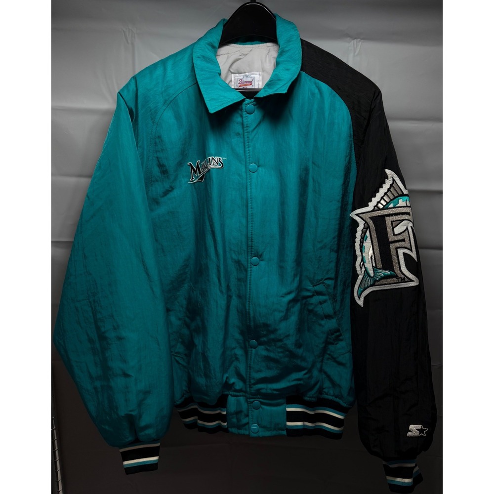 Vintage Florida Marlins Starter Jacket Diamond Collection Large Teal Bomber USA